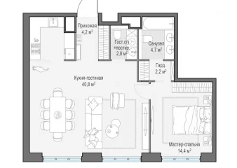 3-комн. квартира, 14 этаж - ЖК West Garden 1,2